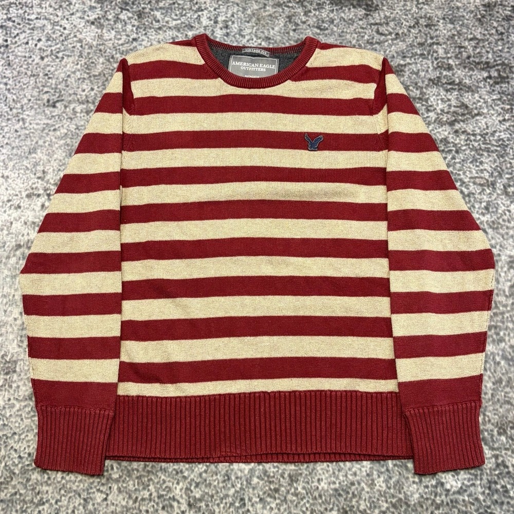 American Eagle Outfitters Sweater Mens XL Red Tan Striped Cotton Wool Preppy Y2K